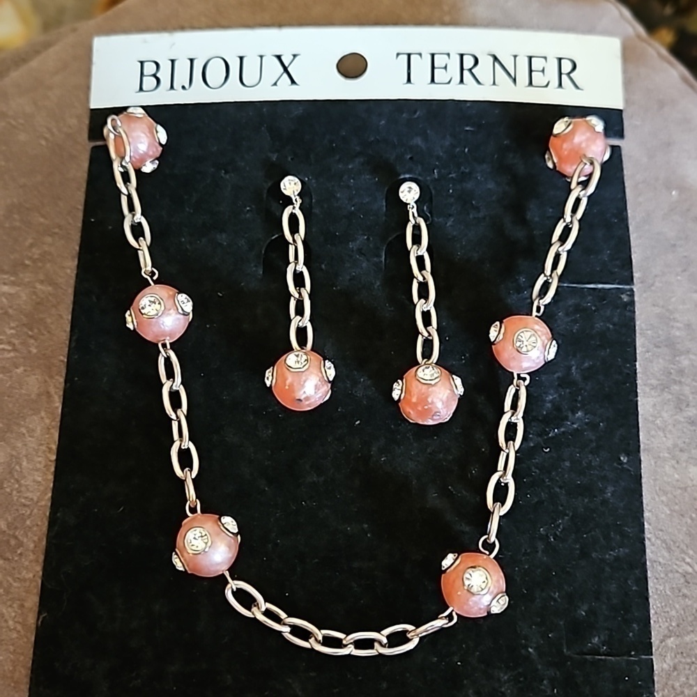 VTG BIJOUX TERNER Acrylic Rhinestone Bead Chain Necklace Earrings Set - Picture 7 of 7